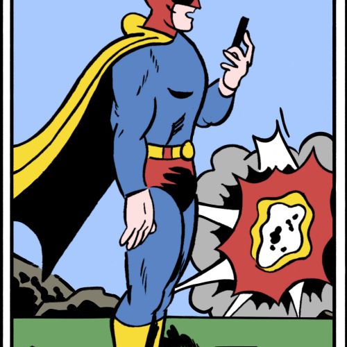 Superhero checking phone while explosion happens behind