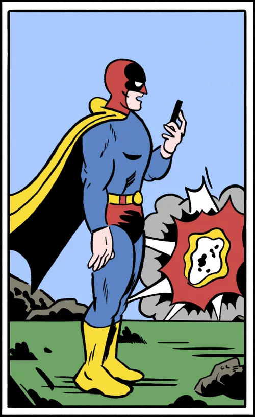 Super-herói checando o celular enquanto uma explosão acontece atrás dele.