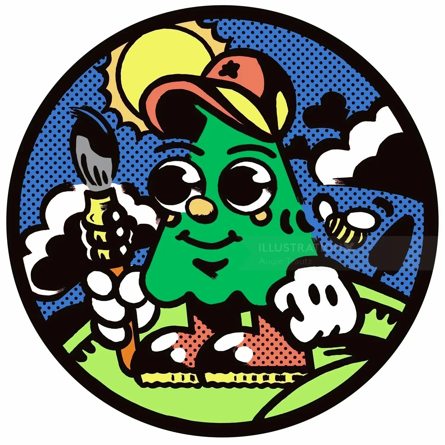 奥吉·特劳茨创作的卡通绿色人物手持画笔，置身于色彩缤纷的户外场景中。