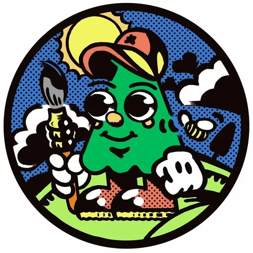 Personagem verde de desenho animado segurando um pincel em uma cena colorida ao ar livre, por Augie Trautz.