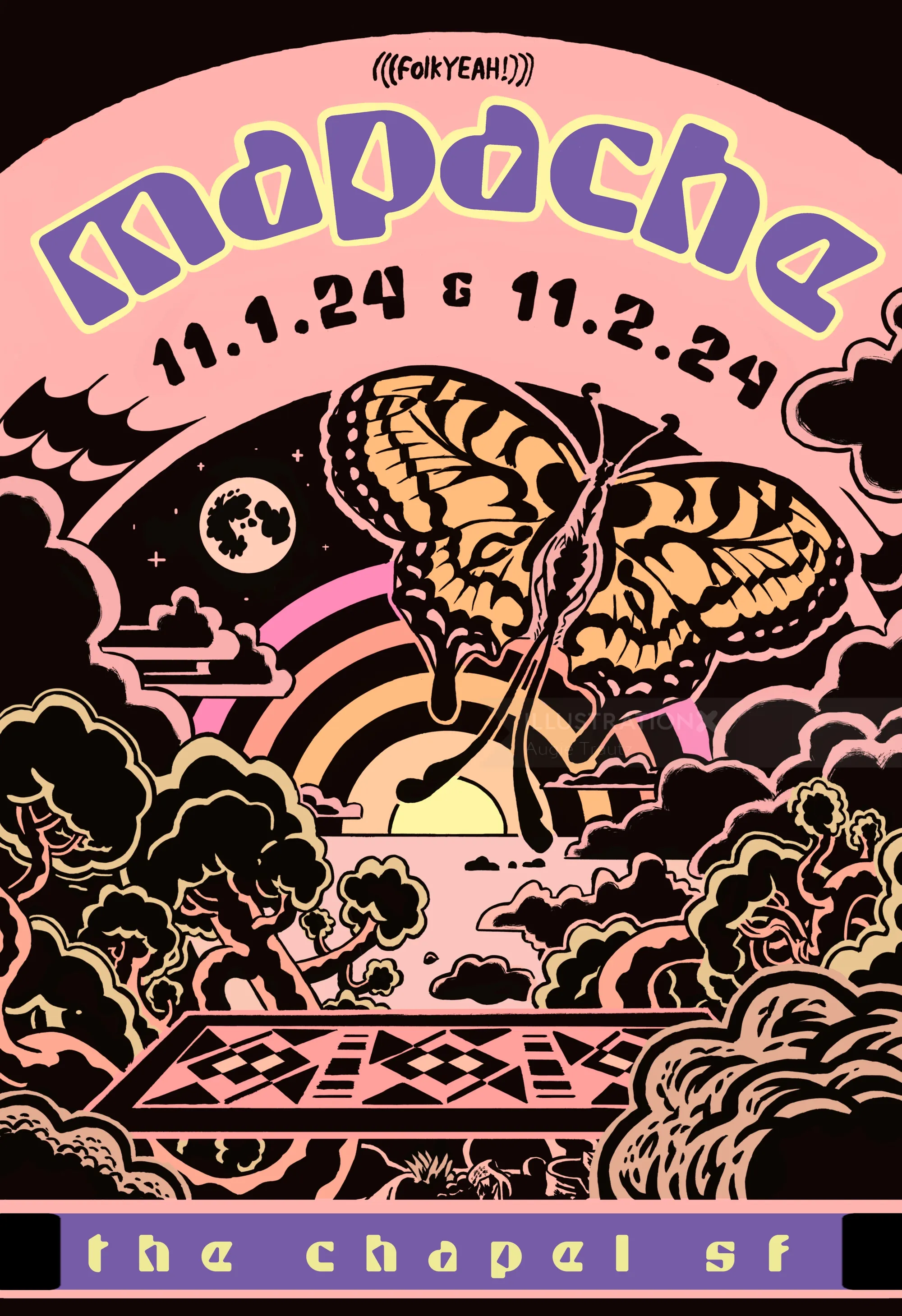 Mapache concert poster with butterfly and moon by Augie Trautz
