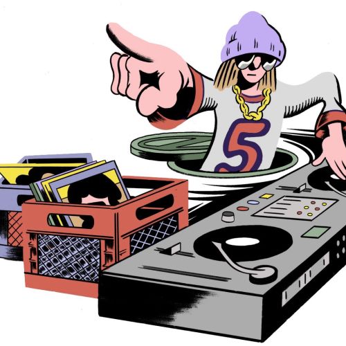 Hip-hop DJ with purple hat and gold chain rising from sewer near turntables, by Augie Trautz