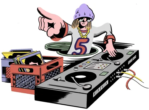 DJ de hip-hop com chapéu roxo e corrente de ouro emergindo de um esgoto perto de toca-discos, por Augie Trautz
