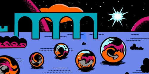 Bolinhas de gude rolando perto de ruínas antigas sob uma supernova brilhante e distante, por Augie Trautz