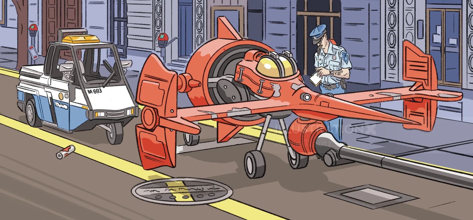 San Francisco parking attendant ticketing spaceship in street scene by Augie Trautz