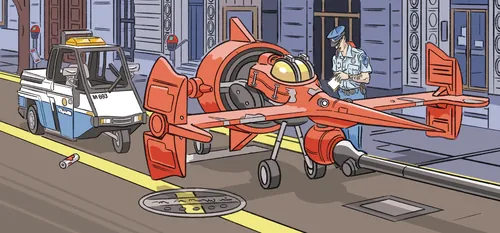Um funcionário de estacionamento multando uma nave espacial em uma rua de São Francisco, em uma cena por Augie Trautz.