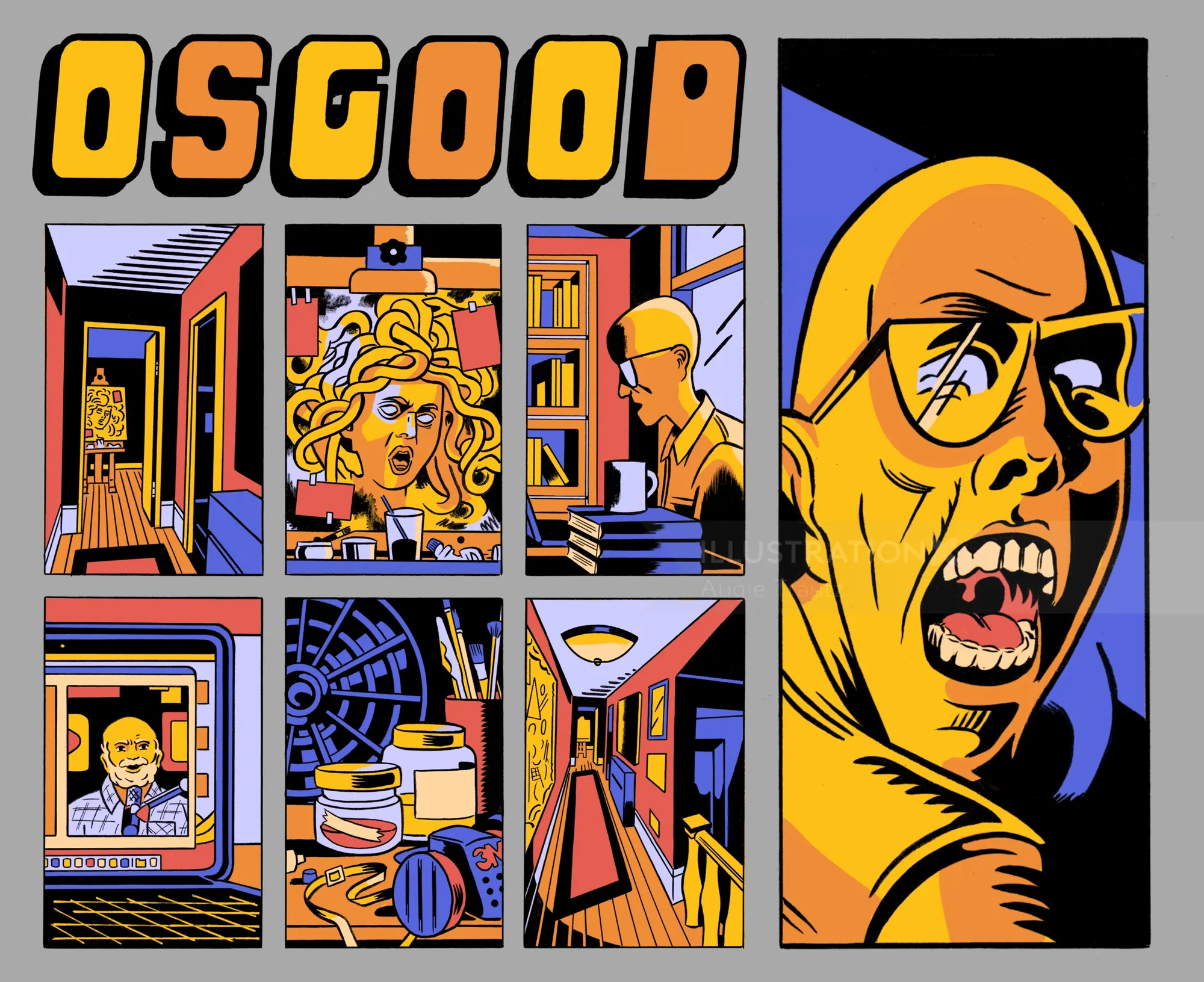 Horror comic concept with intense scenes and a screaming figure by Augie Trautz