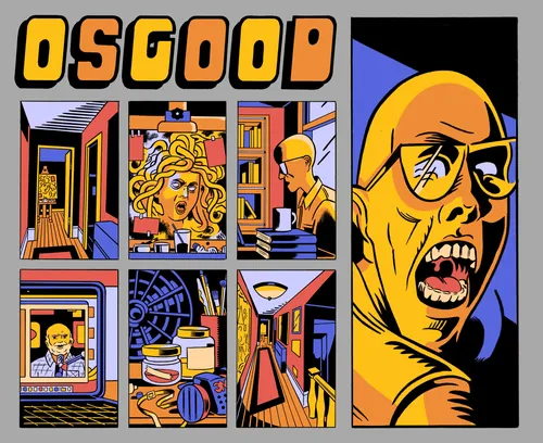 Conceito de história em quadrinhos de terror com cenas intensas e uma figura gritando, por Augie Trautz.