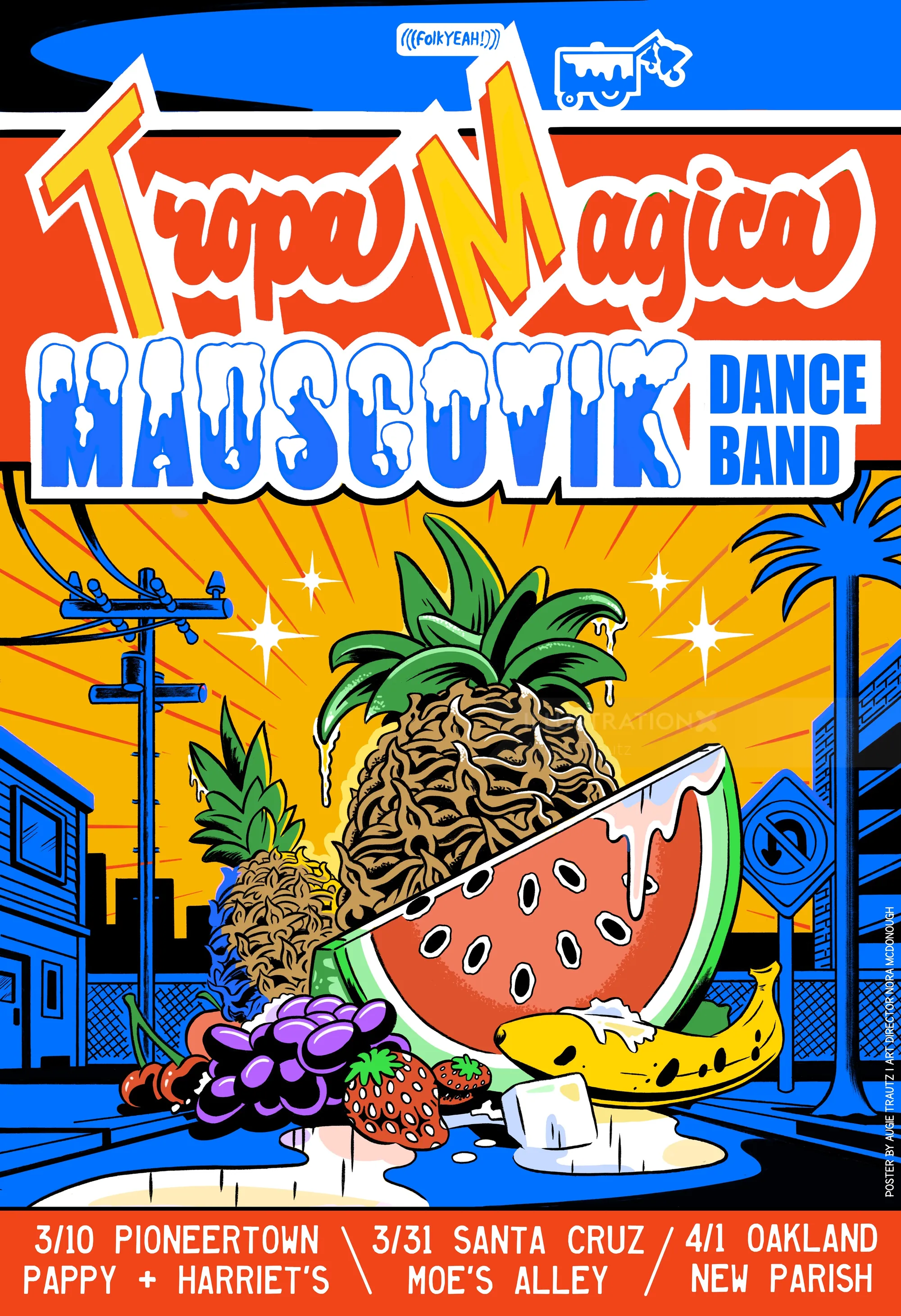 Colorful psychedelic poster featuring fruit and urban elements by Augie Trautz