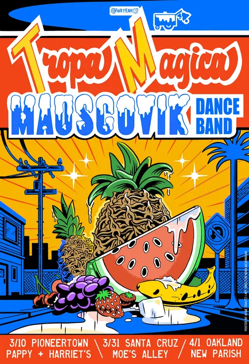 Pôster psicodélico colorido com frutas e elementos urbanos, criado por Augie Trautz.