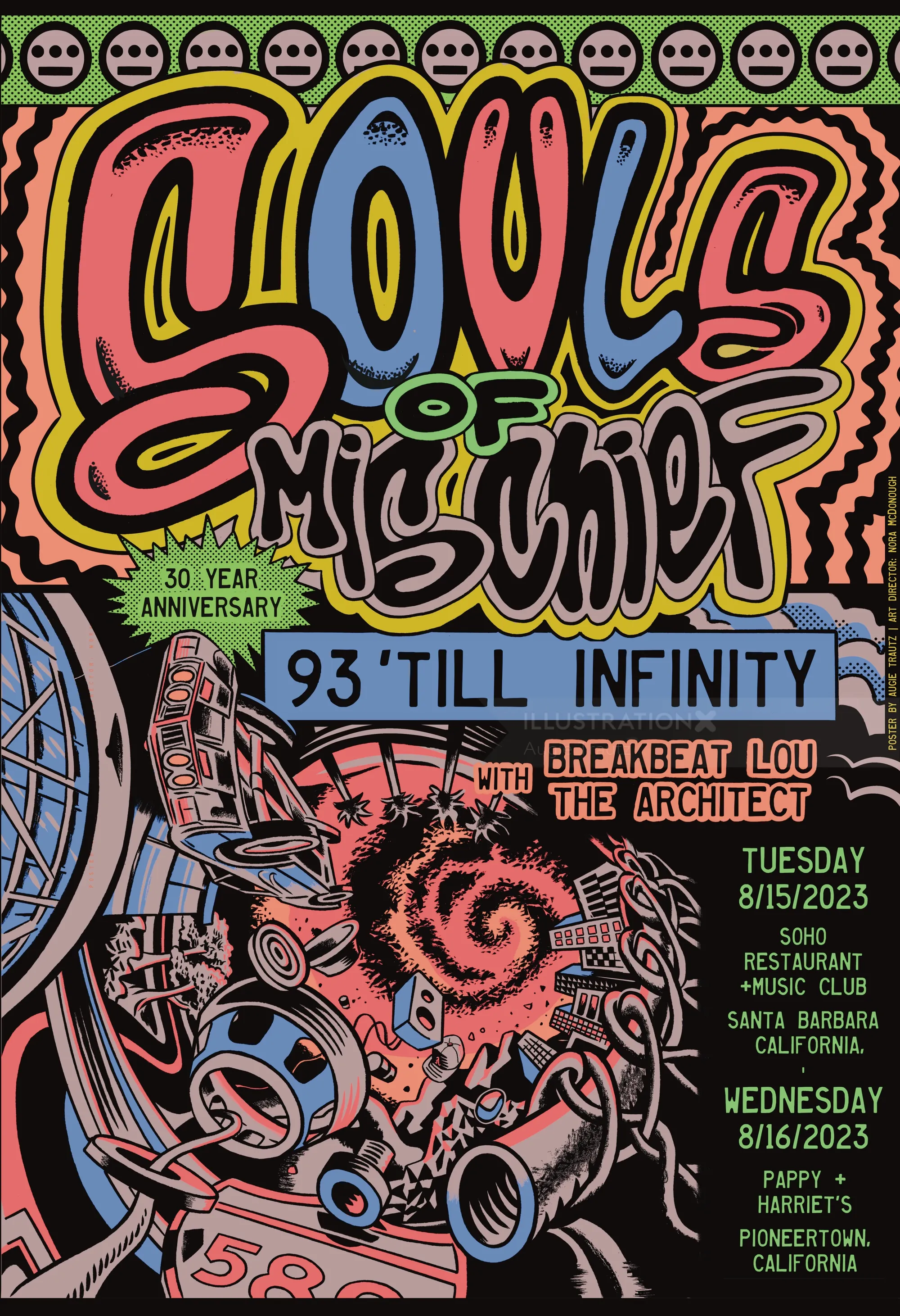 Poster for hip-hop group Souls of Mischief 30 year anniversary by Augie Trautz