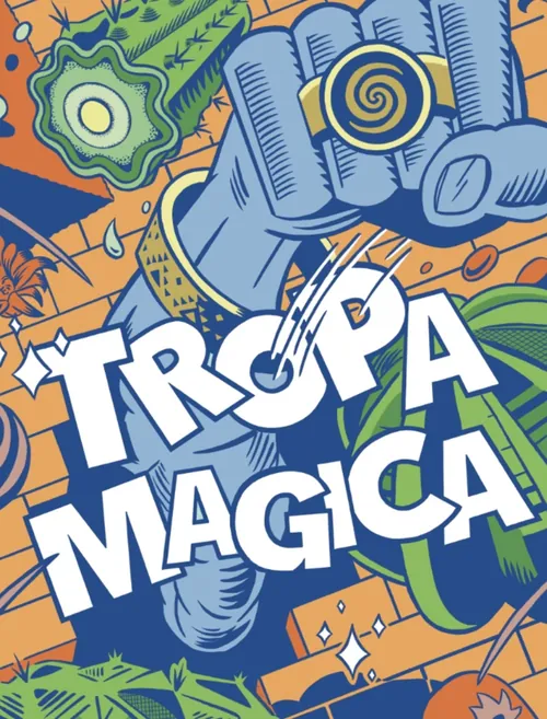 Ilustração de pôster psicodélico e colorido para Tropa Magica por Augie Trautz