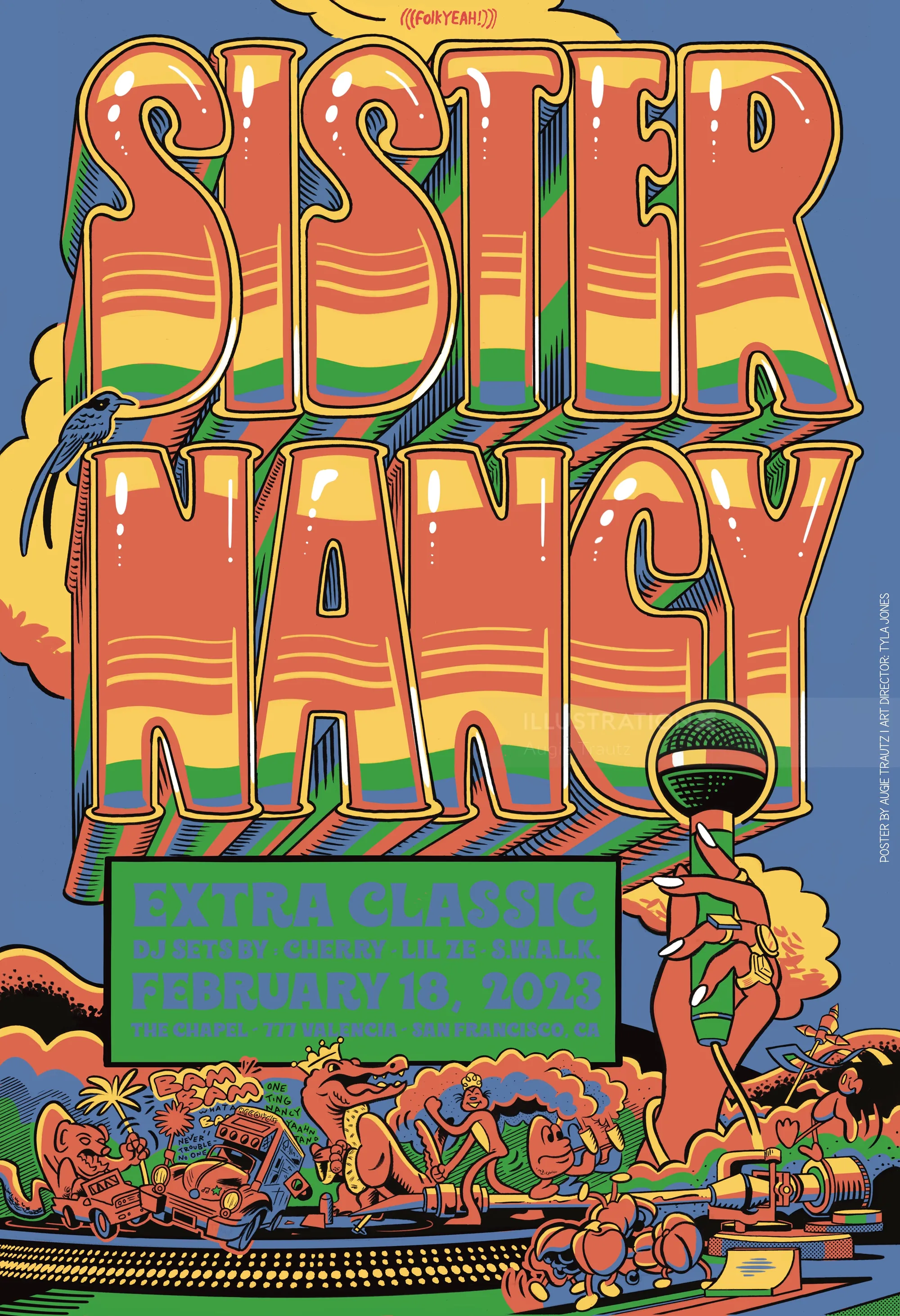 Colorful poster of reggae icon Sister Nancy with bold text and tropical design by Augie Trautz
