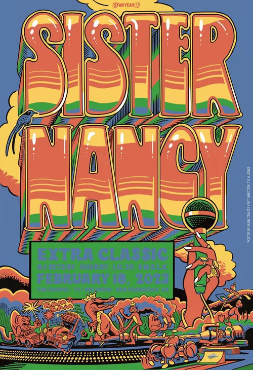 Pôster colorido da ícone do reggae Sister Nancy com texto em negrito e design tropical por Augie Trautz