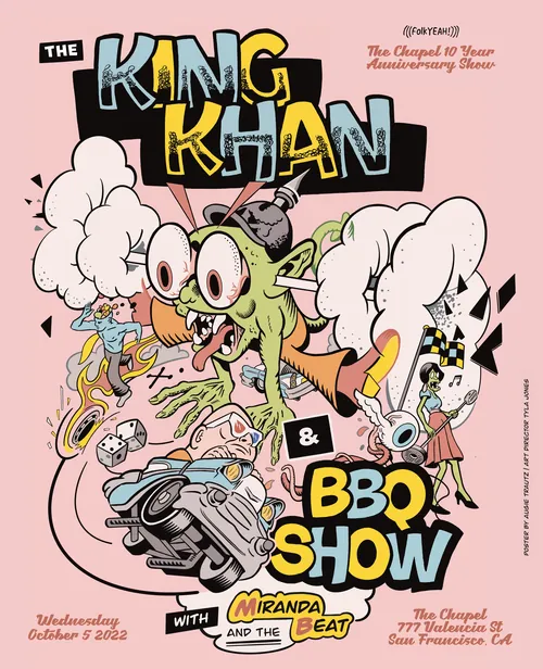 Pôster ilustrado para o show The King Khan & BBQ no The Chapel San Francisco por Augie Trautz