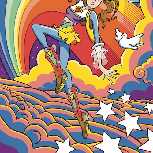 Cosmic Cowgirl dancing in clouds at sunset with UFOs – artwork by Augie Trautz