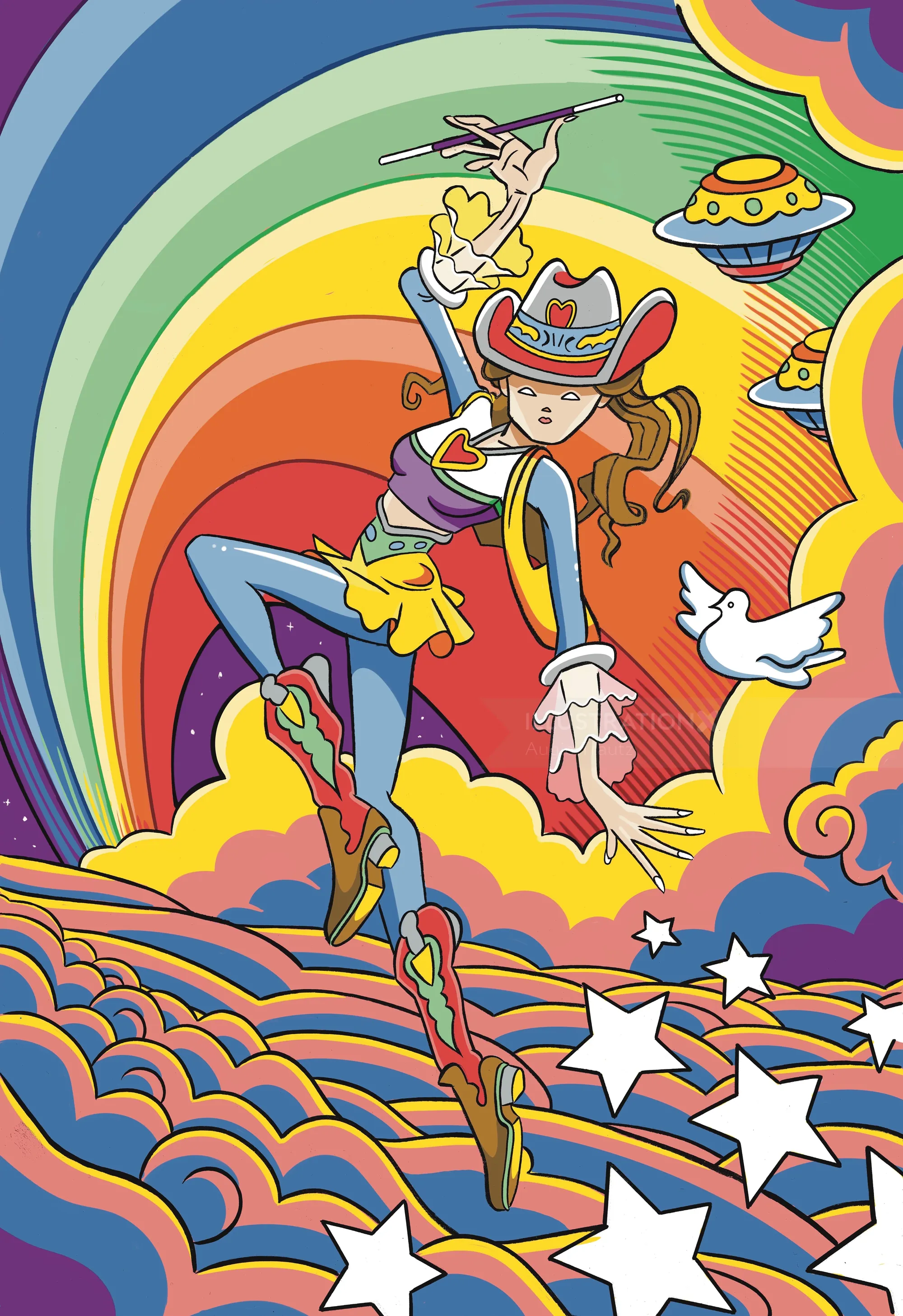 Cosmic Cowgirl dancing in clouds at sunset with UFOs – artwork by Augie Trautz