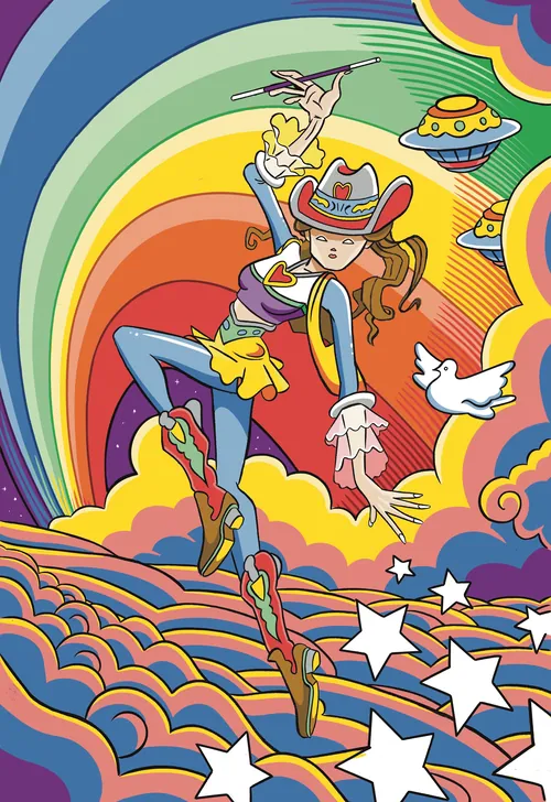 Cowgirl cósmica dançando nas nuvens ao pôr do sol com OVNIs – obra de arte de Augie Trautz