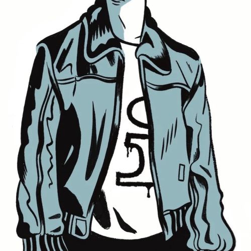 Illustration of a young man wearing a leather jacket with exaggerated hands by Augie Trautz