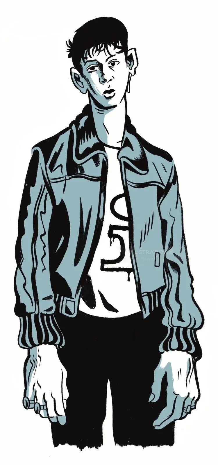 Illustration of a young man wearing a leather jacket with exaggerated hands by Augie Trautz