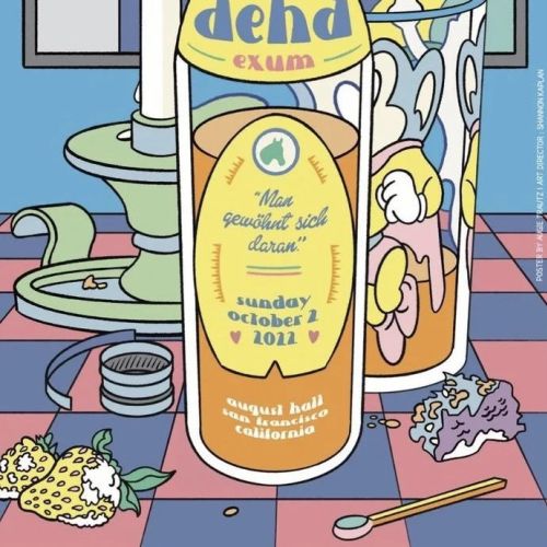 Poster of Dehd band with bottle and glass in colorful room by Augie Trautz