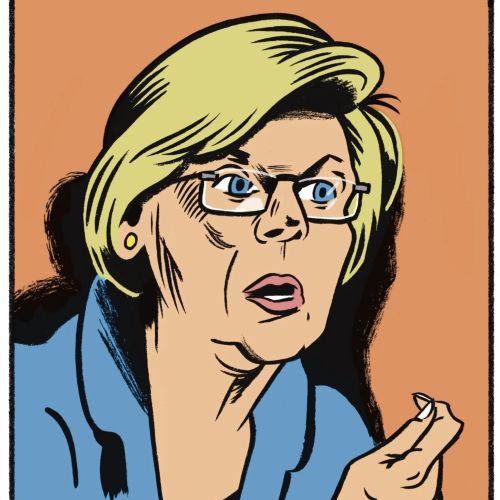 Editorial portrait of Elizabeth Warren with glasses speaking, by Augie Trautz