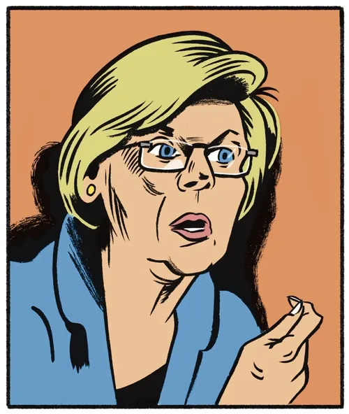 Retrato editorial de Elizabeth Warren de óculos, falando, por Augie Trautz.