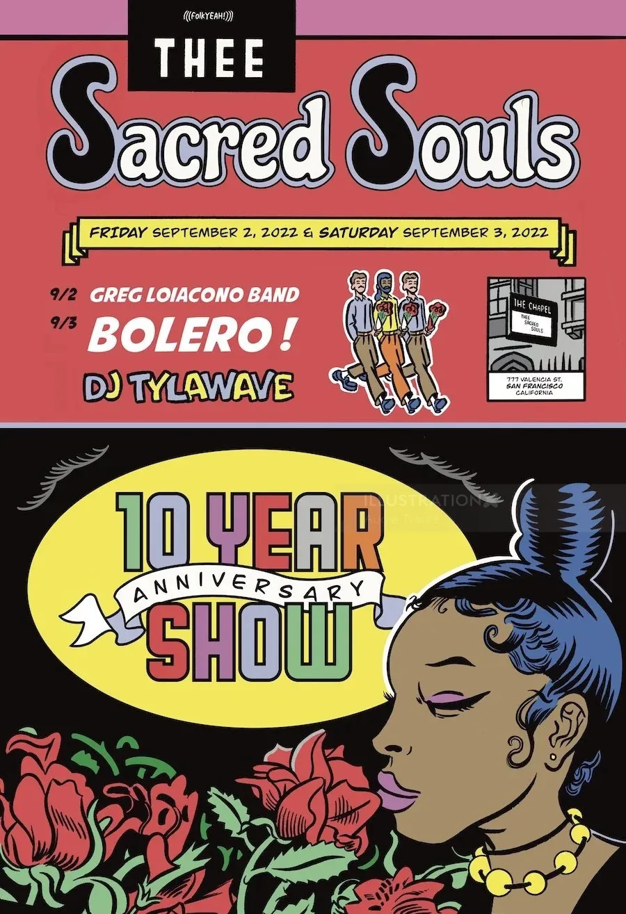 Poster for Thee Sacred Souls 10 Year Anniversary show at The Chapel, by Augie Trautz