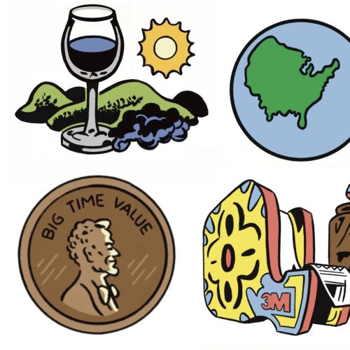 Humorous editorial icons including wine, US map, penny, and tape dispenser by Augie Trautz