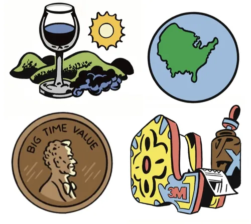 Ícones editoriais humorísticos, incluindo vinho, mapa dos EUA, centavo e dispensador de fita adesiva, por Augie Trautz.