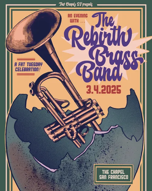 Pôster da Rebirth Brass Band tocando no evento Fat Tuesday, artista Augie Trautz