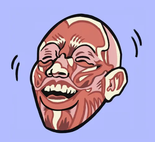 Ilustração de Augie Trautz mostrando um homem rindo com os músculos faciais à mostra.