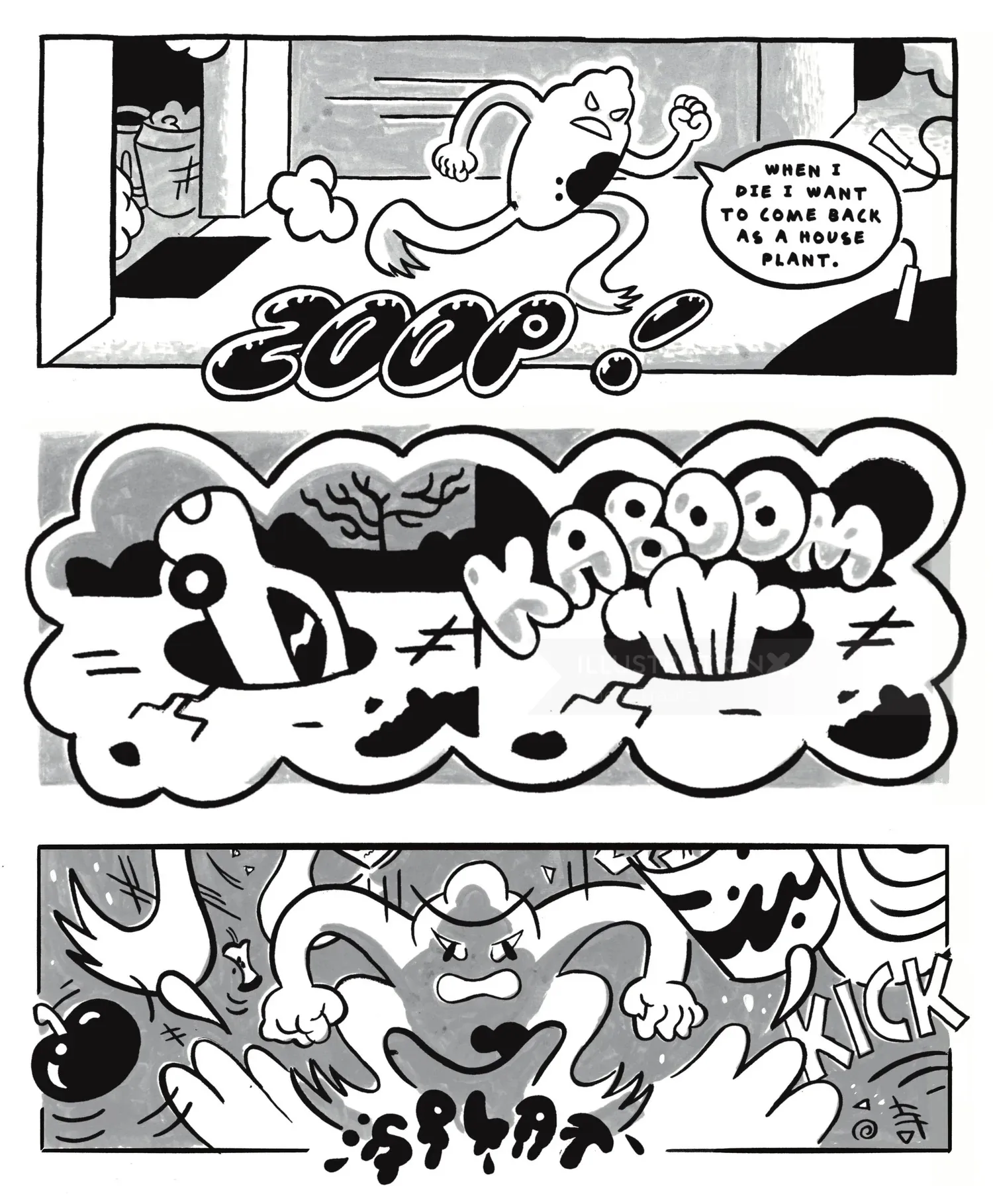 Comic strips featuring a frog-like character running and setting traps by Augie Trautz