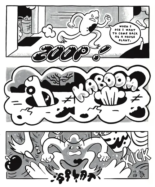 Tiras de quadrinhos com um personagem parecido com um sapo correndo e armando armadilhas, de Augie Trautz.