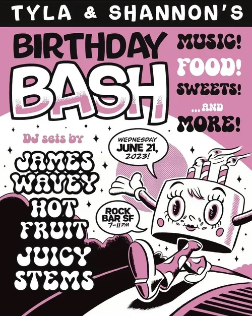 Cartaz de festa de aniversário com detalhes sobre música e comida, por Augie Trautz.