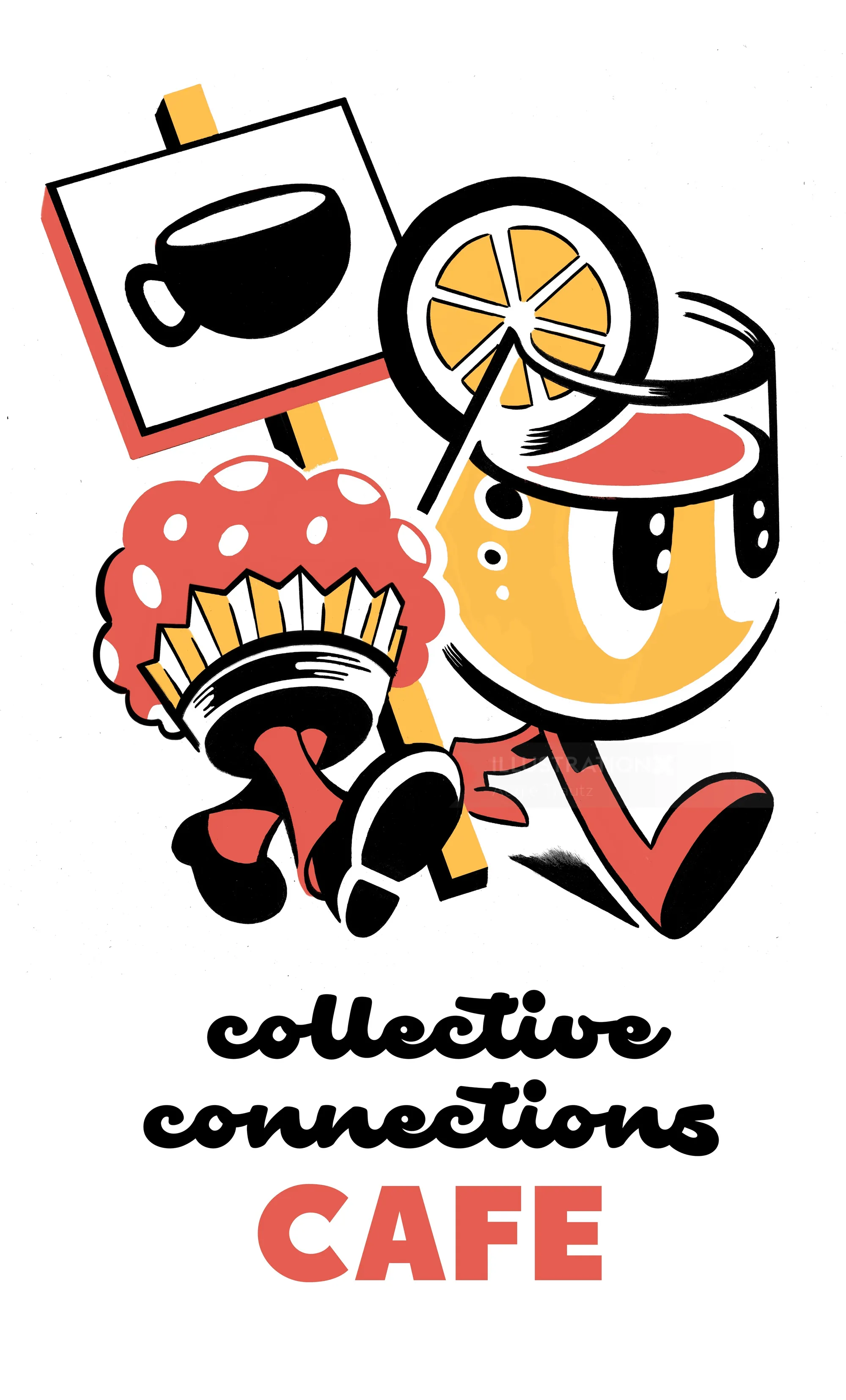 Anthropomorphized muffin and aperol spritz marching, cafe sign by Augie Trautz