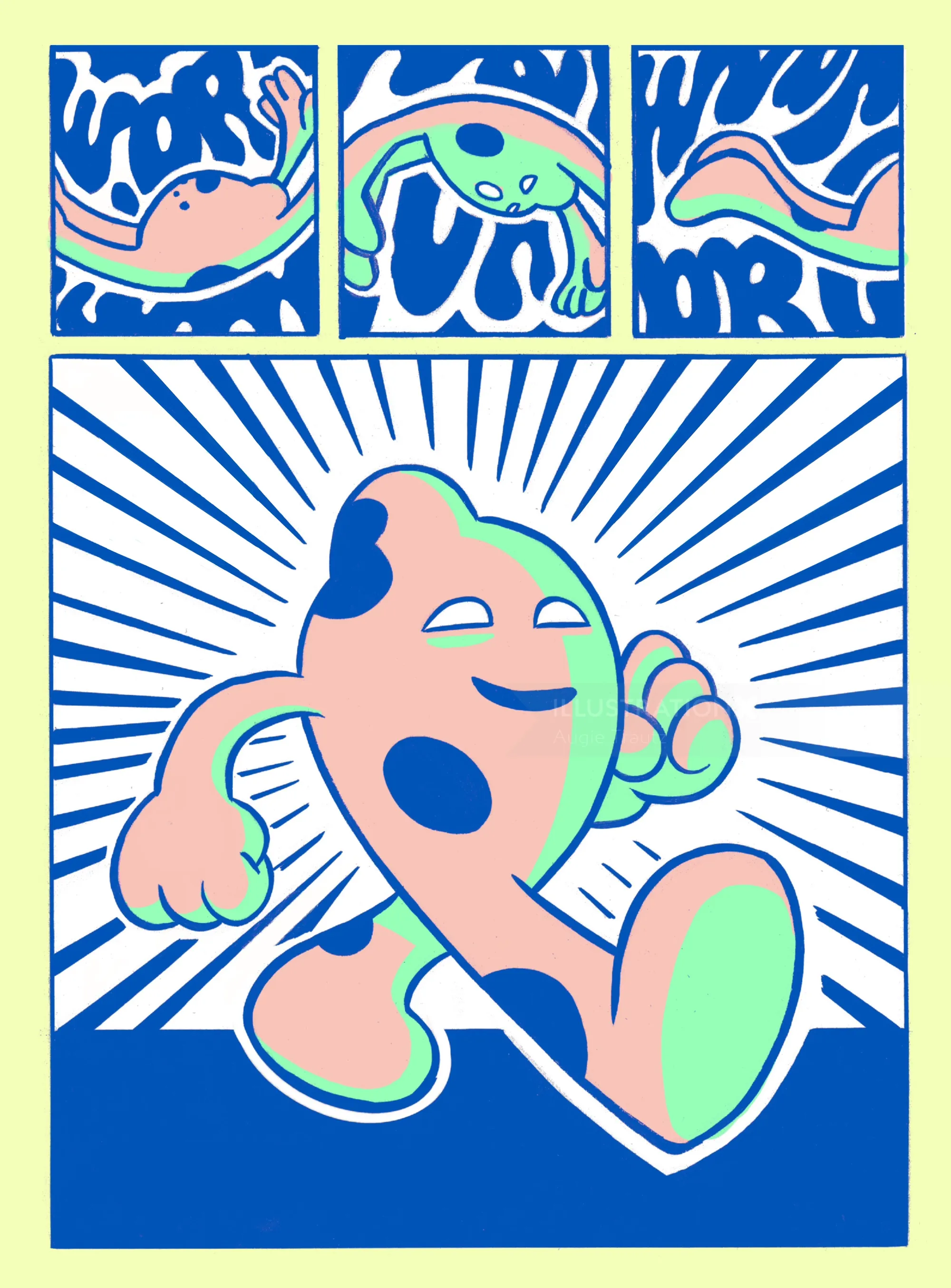 Comic-Panels mit froschähnlichen Figuren, die tanzen und gehen, von Augie Trautz