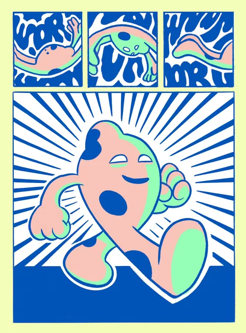 Quadrinhos de personagens semelhantes a sapos dançando e andando, por Augie Trautz