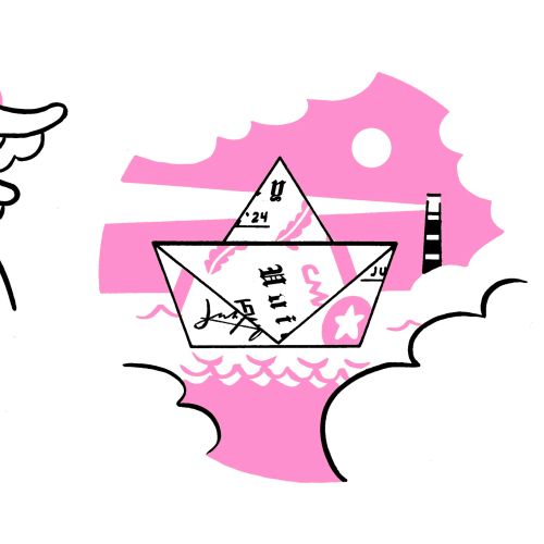Illustration of hand folding paper boat and financial papers by Augie Trautz