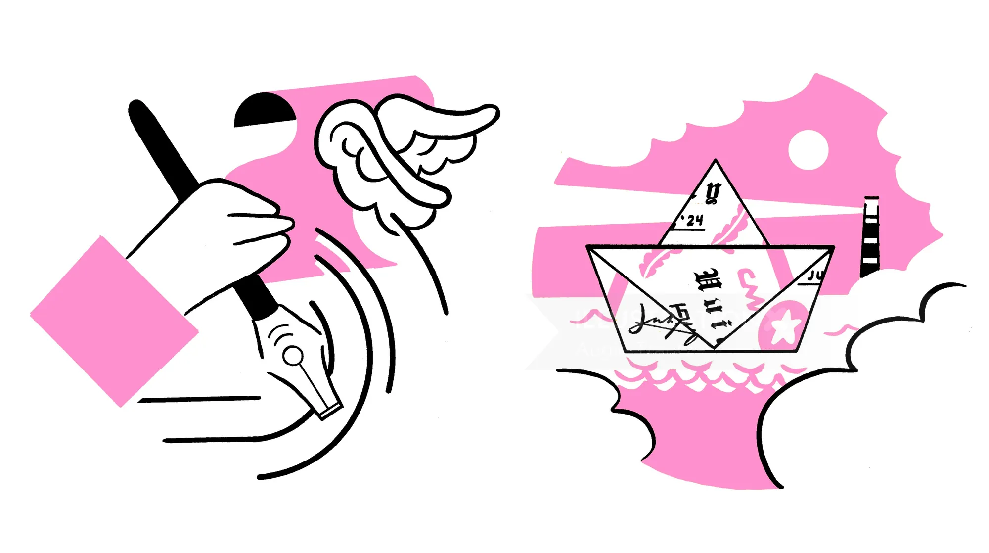 Illustration of hand folding paper boat and financial papers by Augie Trautz