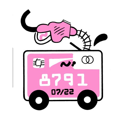 Illustrations of credit score gauge and credit card with fuel pump by Augie Trautz