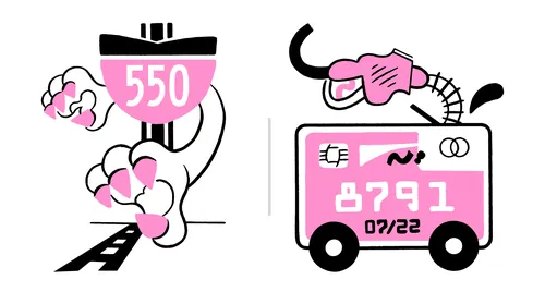 Ilustrações de um medidor de pontuação de crédito e de um cartão de crédito com bomba de combustível por Augie Trautz