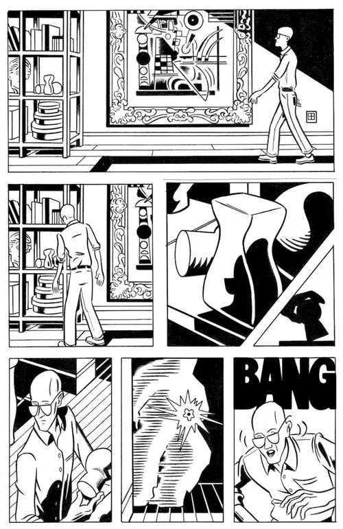 Página de quadrinhos mostrando um homem inspecionando um corredor e sendo atacado. Desenho de Augie Trautz.
