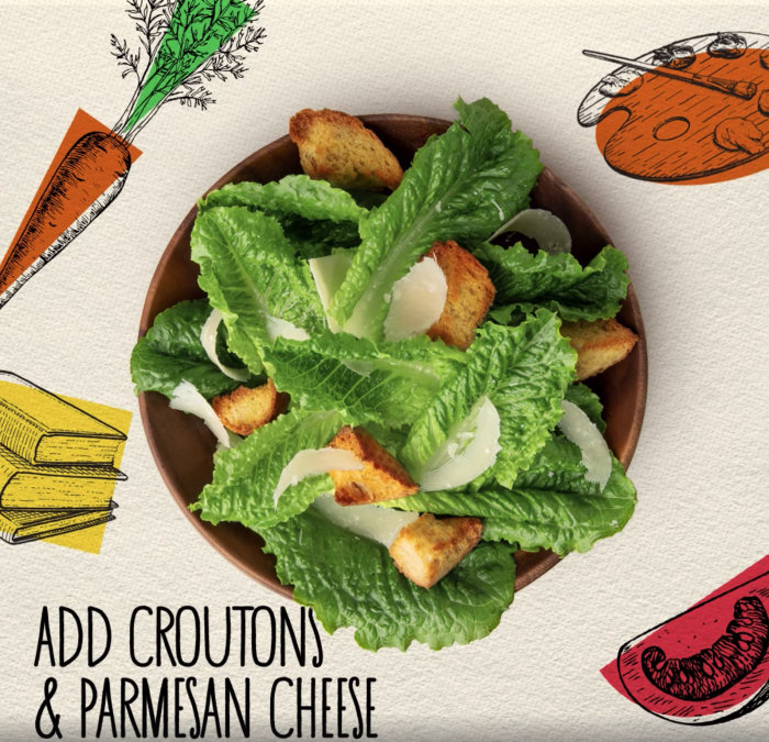Graphic design of Add croutons & Parmesan cheese