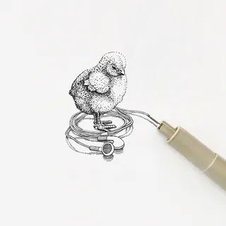 Ink drawing of a chick standing on coiled earphones by August Lamm