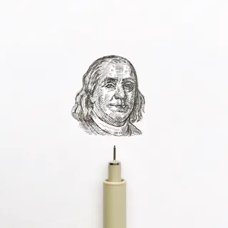 Pen drawing of a historical man's head above pen tip by August Lamm