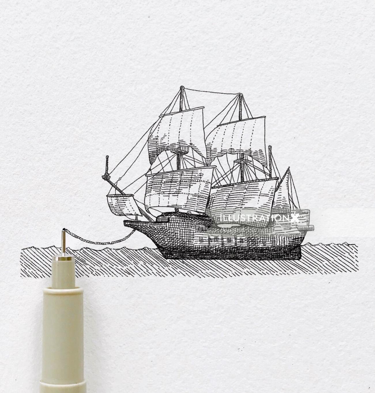 帆船の鉛筆アート