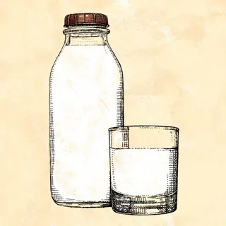 Vintage milk bottle and glass illustration by August Lamm