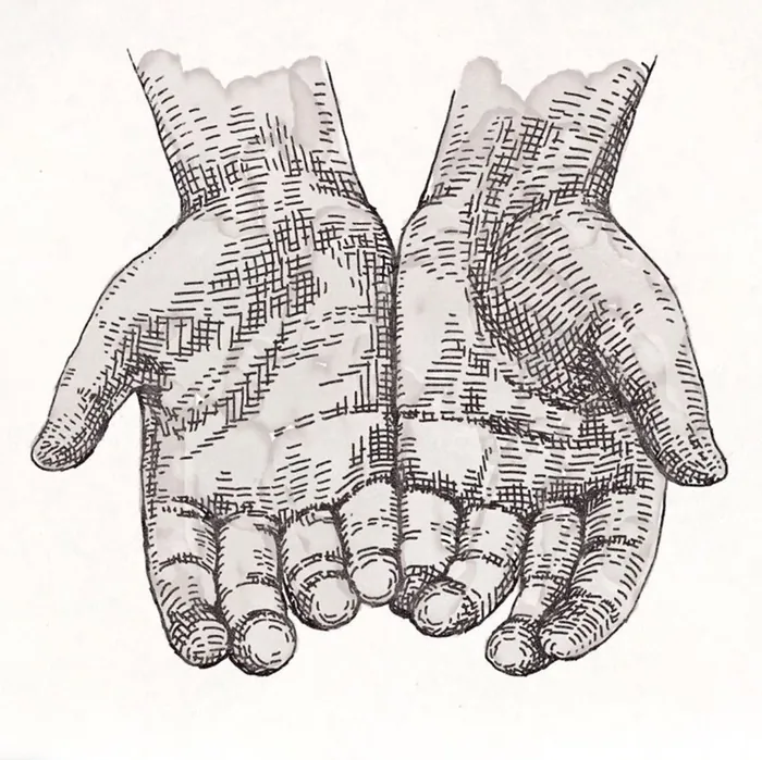 Engraved open hands illustration by August Lamm