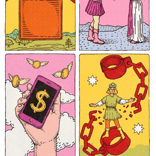 Illustration by August Lamm showing chains, handoff, phone with dollar sign